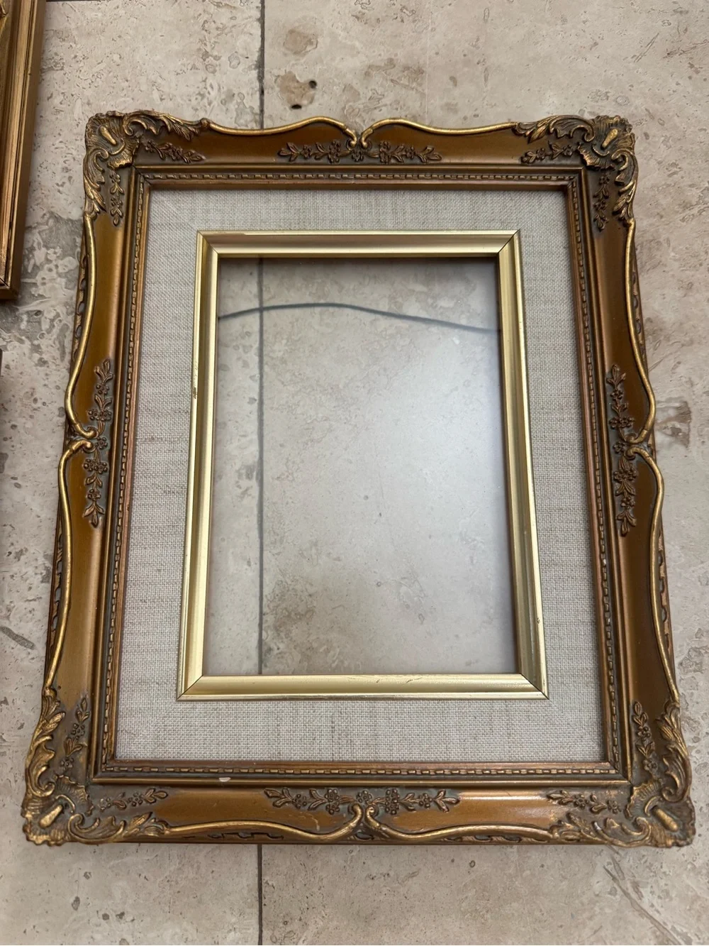 Set of 3 Gold Ornate Wood Picture Frames Linen Liner Fits 5x7 Picture